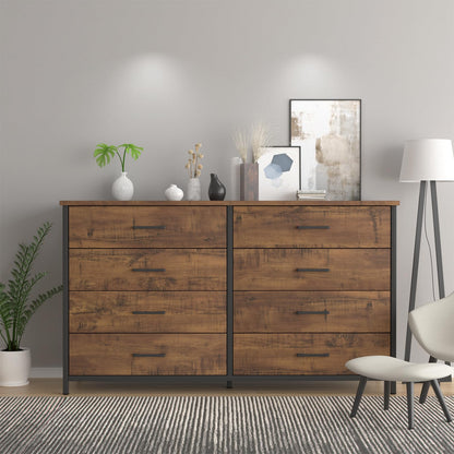 IKENO 8 Drawer Double Dresser, 55 inch Industrial Wood Storage Dressers & Chests of Drawers with Sturdy Steel Frame, Wood Rustic Large Storage - WoodArtSupply