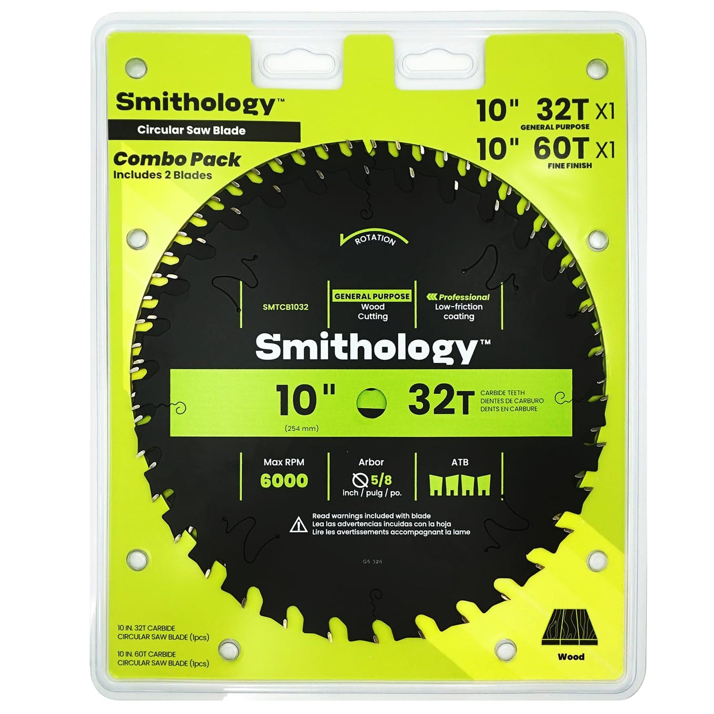 Smithology 10 Inch Table Saw Blades – 2 Pack | ATB 32 Tooth & 60 Tooth | Carbide Tipped | Thin Kerf | for Wood Crosscutting, Ultra Fine Finishing |