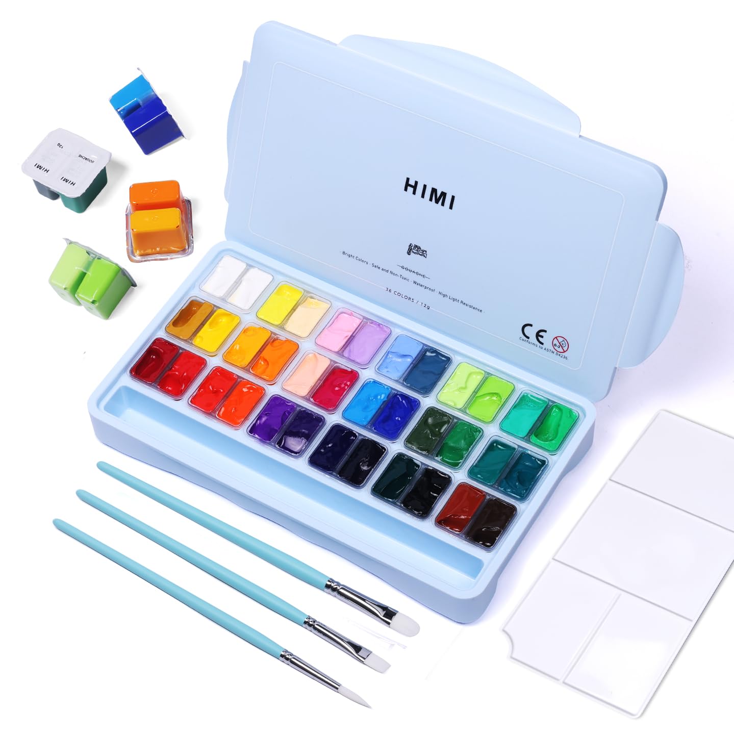 HIMI Gouache Paint Set, 36 Colors x 12ml Twin Jelly Cup Design with 3 Paint Brushes and a Palette in a Carrying Case Perfect for Artists, Students, Artme