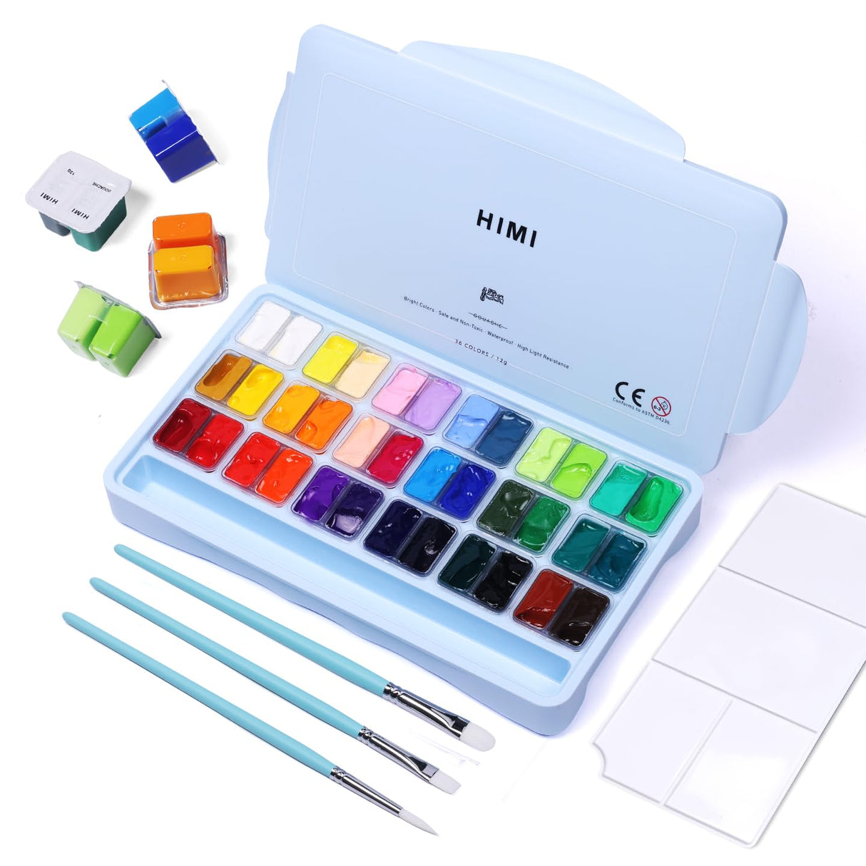 HIMI Gouache Paint Set, 36 Colors x 12ml Twin Jelly Cup Design with 3 Paint Brushes and a Palette in a Carrying Case Perfect for Artists, Students, Artme