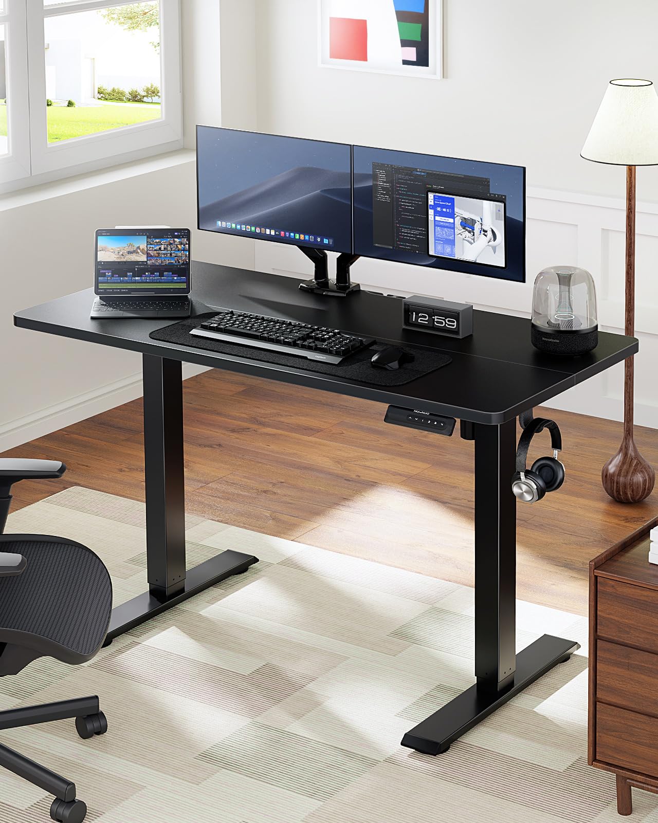 HUANUO Electric Standing Desk Adjustable Height, 55" x 24" Sit Stand Home Office Desk, 4 Memory Height Setting, Computer Workstation, Black - WoodArtSupply