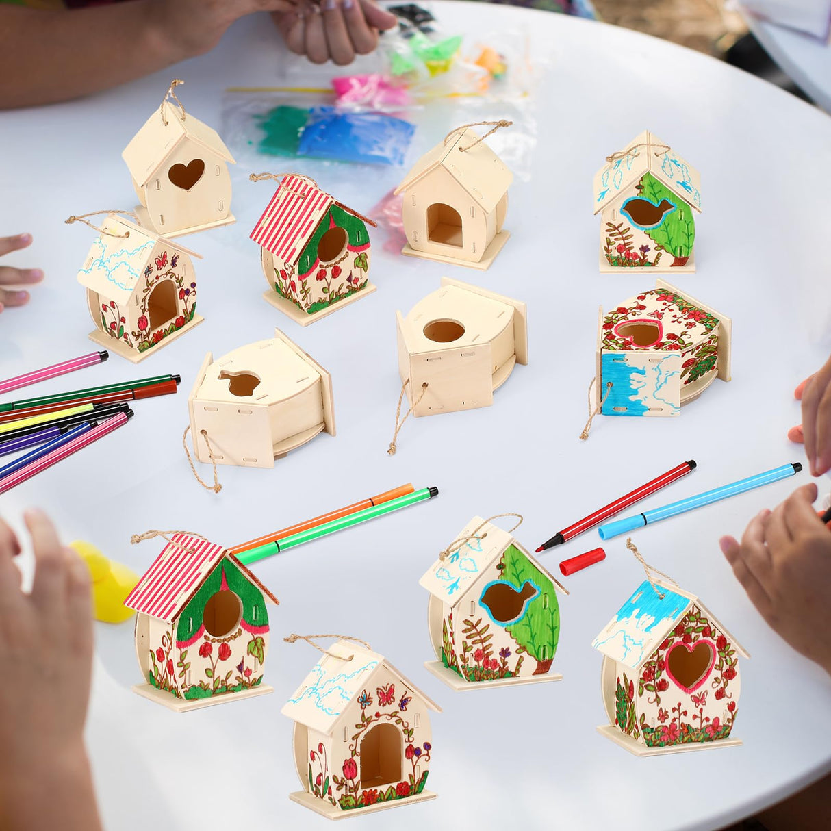 Outus 12 Pcs Wooden Birdhouse Craft Kits to Build, 4 Shapes Wooden Unfinished Bird House with Watercolor Pen and Butterfly Sticker for Boy and Girl Outus