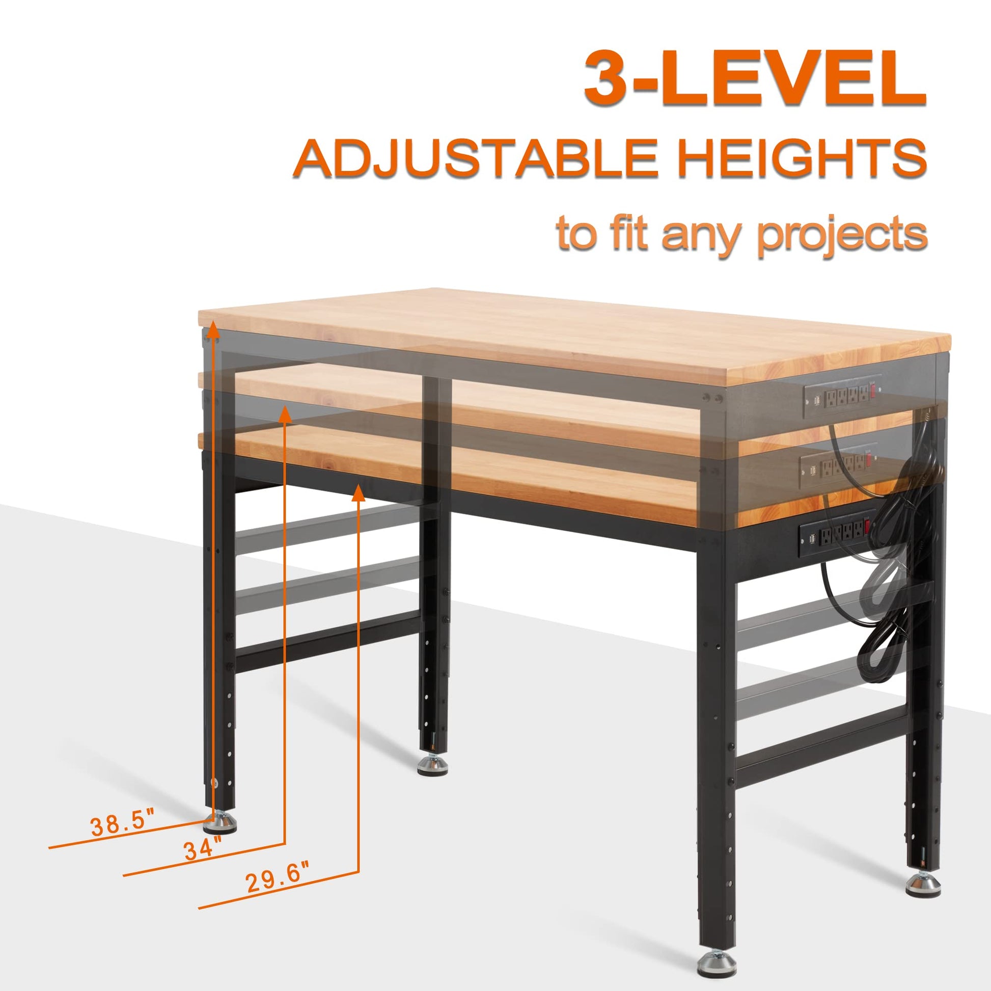 Haddockway Adjustable Workbench for Garage,48"x 24" Rubber Wood Top Work Bench with Power Outlets, Max 2000 Lbs Load Capacity Heavy Duty Workstation - WoodArtSupply