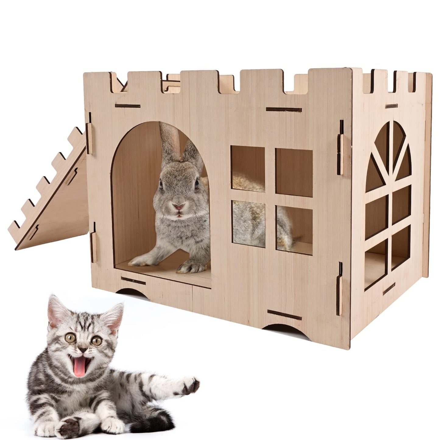 Extra Large Wooden Rabbit Castle with Ladder - Wood Cat Beds for Indoor Cats, Rabbit Hideout Bunny House Luxurious Small Animal Rest and Play House - WoodArtSupply