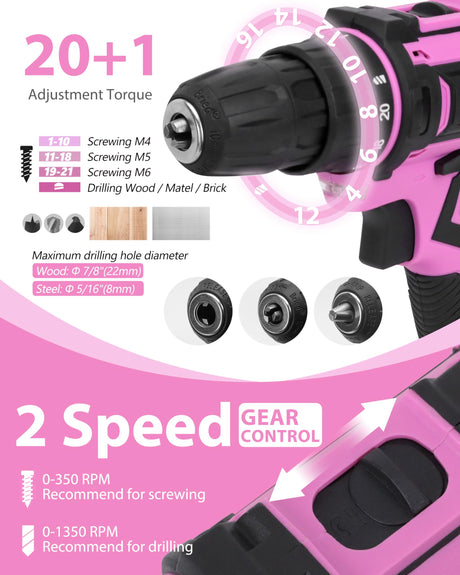 KingTool 267-Piece Tool Kit Set - Pink Tool Set with 21V Crodless Pink Power Drill Driver, Tool kit for Women with Pink Tool Storage Bag, Womens Tool KINGTOOL