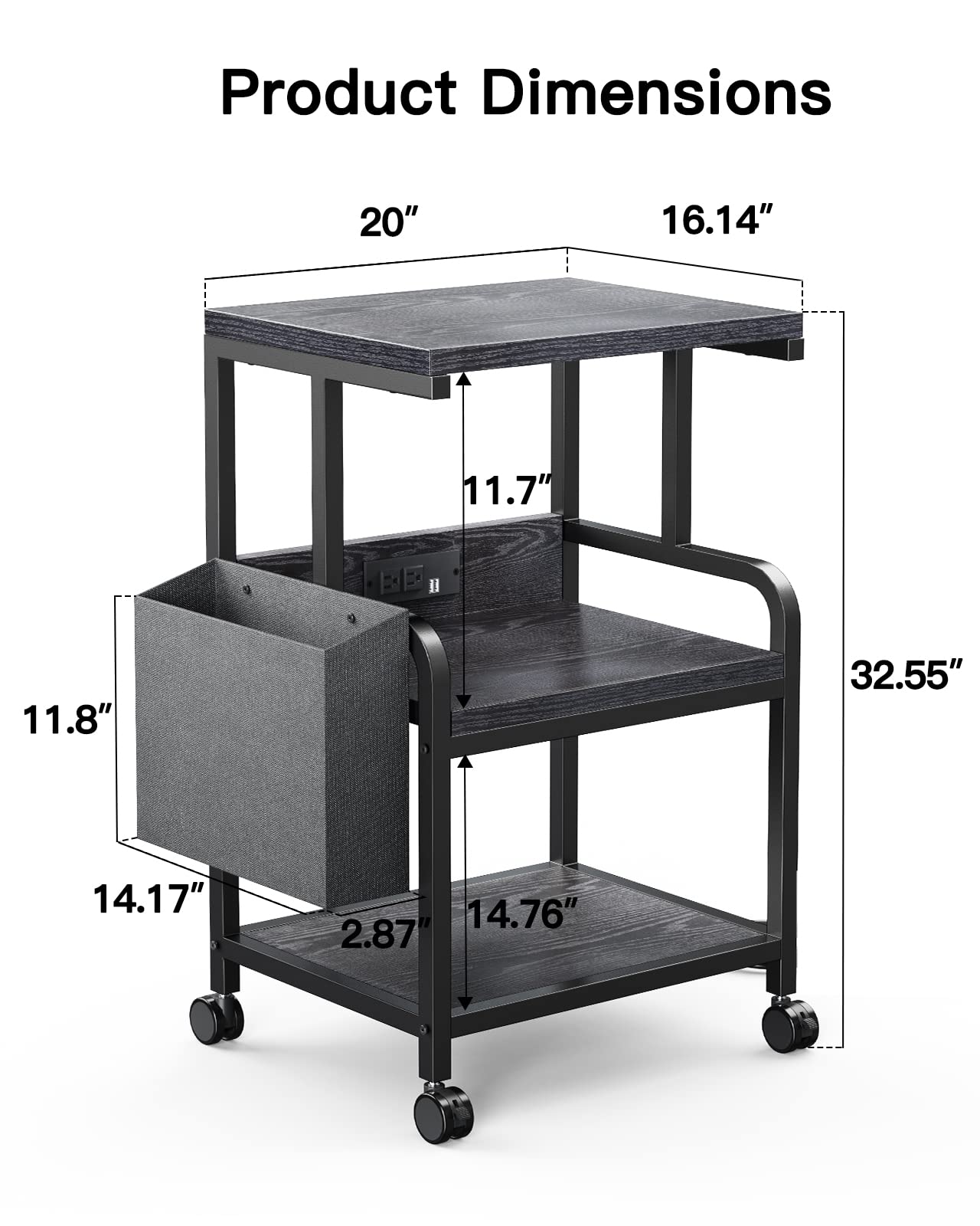 HUANUO Printer Stand Shelf with Electrical Outlet, 32.55x20x16 Inches Large Printer Stand with Non-Woven Bag, 3 Tier Rolling Printer Cart with Wheels - WoodArtSupply