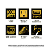 DEWALT DXAEPI1000 Power Inverter 1000W Car Converter with LCD Display: Dual 120V AC Outlets, 3.1A USB Ports, Battery Clamps DEWALT