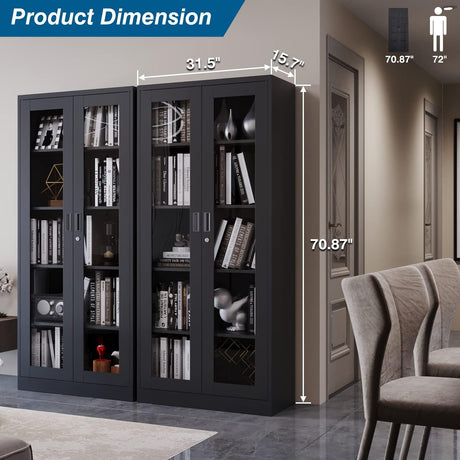 PEUKC Display Cabinet with Glass Doors, Curio Cabinets with 4 Adjustable Shelves, Locking Glass Cabinet Display Case for Home, Office, Clinic, PEUKC