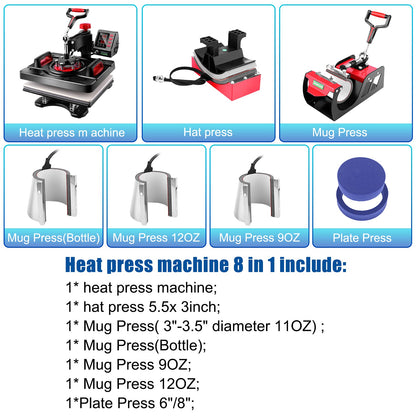 AKEYDIY 8 in 1 Heat Press Machine Professional Sublimation Machine 15" X 12" Swing Away Shirt Printing Heat Transfer Digital Industrial-Quality Heat