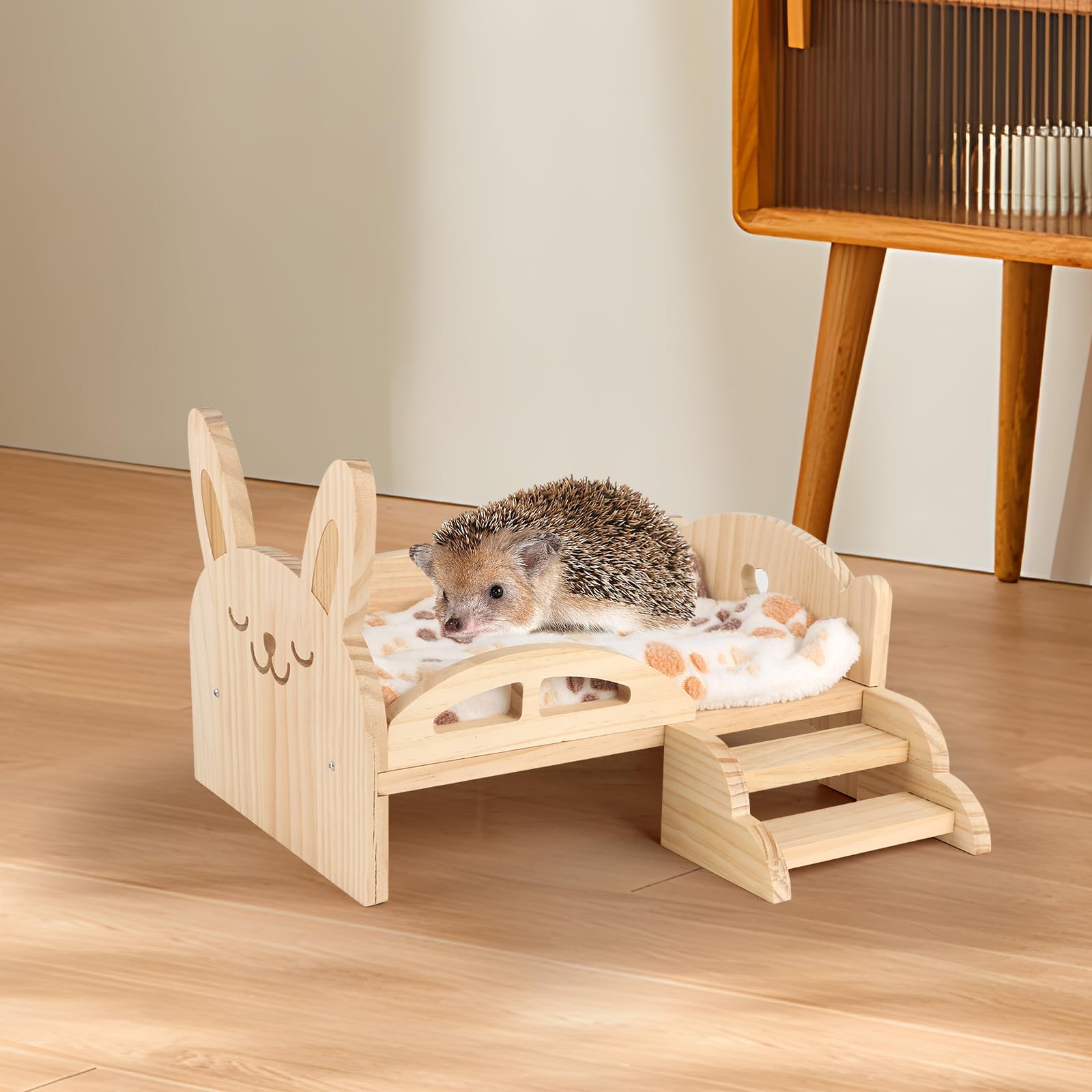 HOSUKKO Wooden Guinea Pig Bed with Mat 13.5IN X 9.3IN Guinea Pig Bunny Detachable Hideout with Stairs Small Animal Cute Warm Habitats for Hamsters - WoodArtSupply