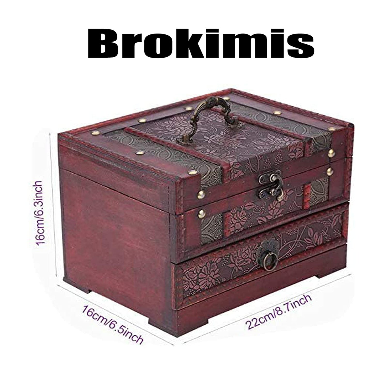 Wooden Jewelry Box with Mirror, Classical Wood Jewlery Box Jewelery Storage Box Case Holder Jewellery Chest Organizer with Drawer Mom Gifts Mothers Brokimis