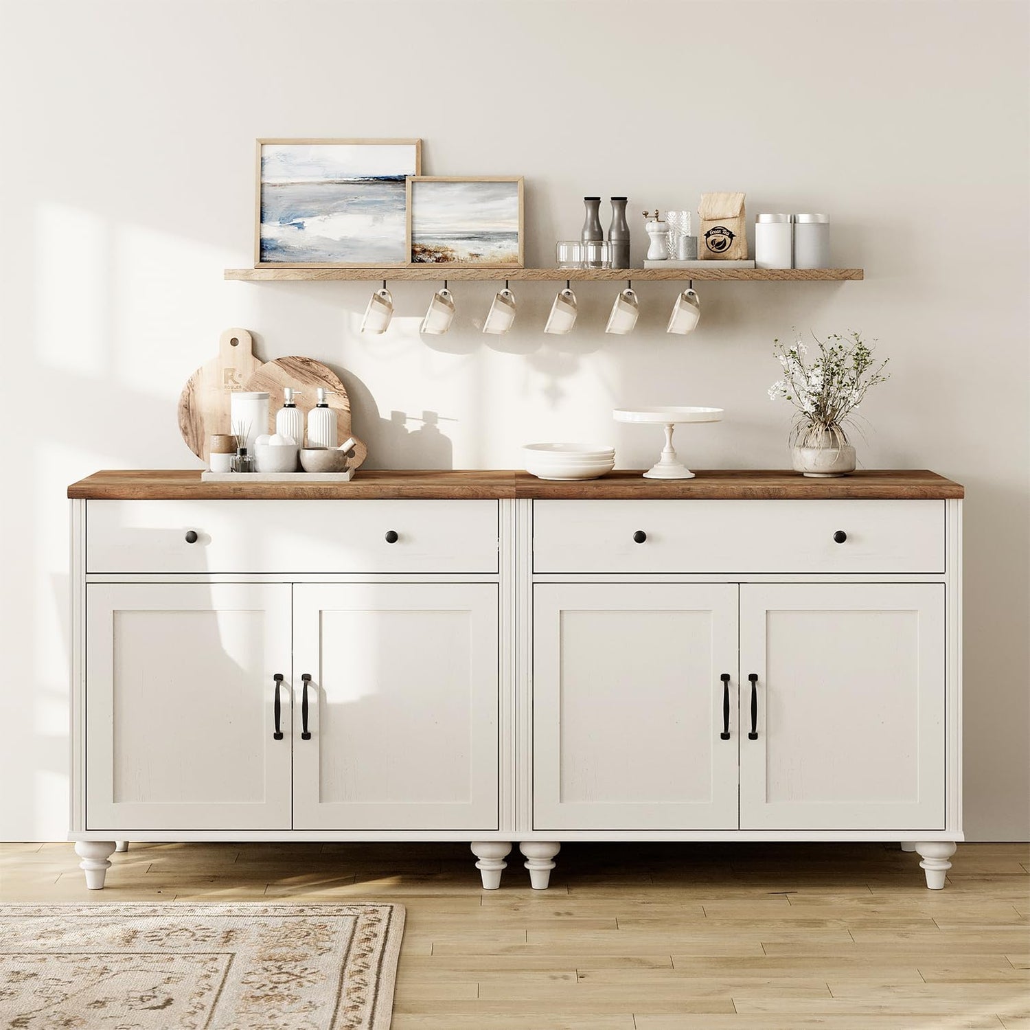 WAMAPT Buffet Cabinet with 4 Doors and 2 Drawers, Large Coffee Bar Tables Wood Kitchen Storage Cabinets with Storage Cabinets, Modern Farmhouse WAMPAT