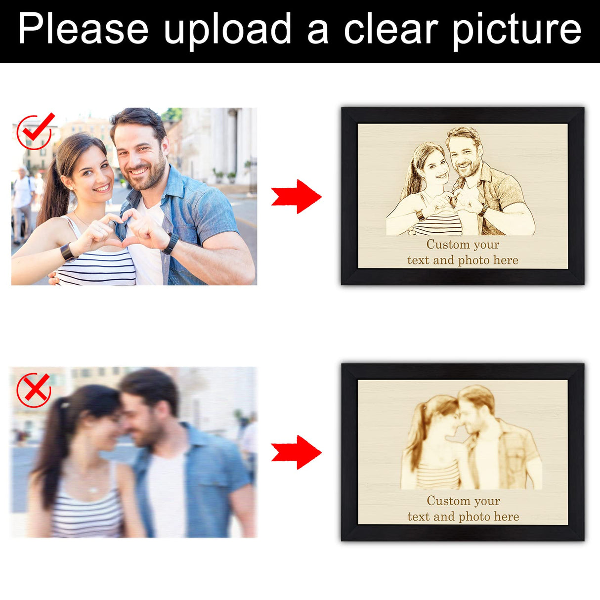 Personalized Picture Frame Wood Engraved Custom Photo Text Hanging/Tabletop Plaque for Valentine's Mother’s & Father's Day Wedding Gift WQingot