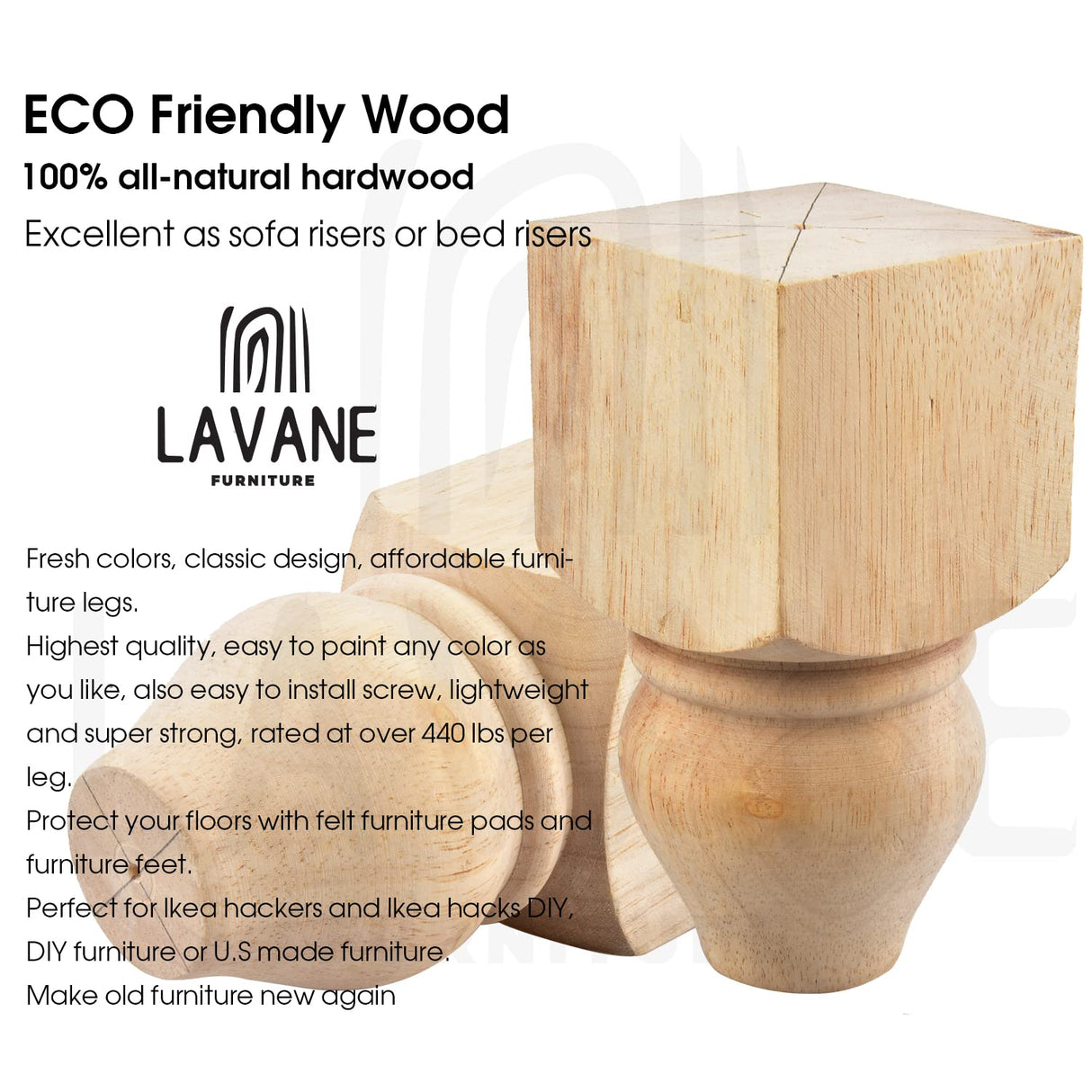 La Vane 5 inch / 12cm Wooden Furniture Legs, Set of 4 Solid Wood Carved Geometry Unfinished Replacement Bun Feet with Mounting Plate & Screws for La Vane