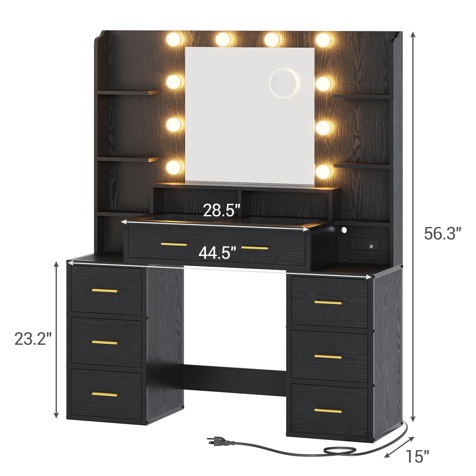 HAUOMS Glass Top Makeup Vanity with Mirror and Lights, Vanity Desk with Power Strip & 10x Magnifying Mirror, Vanity Table with Compartment Stoarge - WoodArtSupply