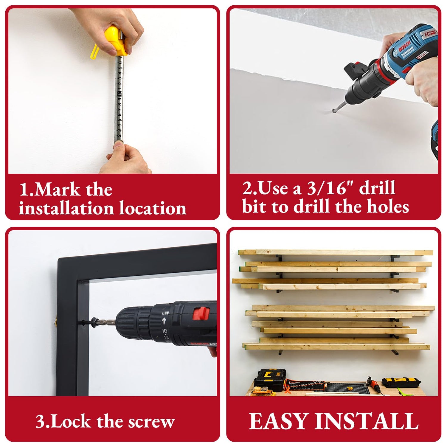 MOOMSINE Lumber Storage Rack Wall Mount, Heavy Duty Metal Wood Organizer with 6-Level Each Shelf Holds Up 200 Lbs, Indoor & Outdoor Use - Black MOOMSINE