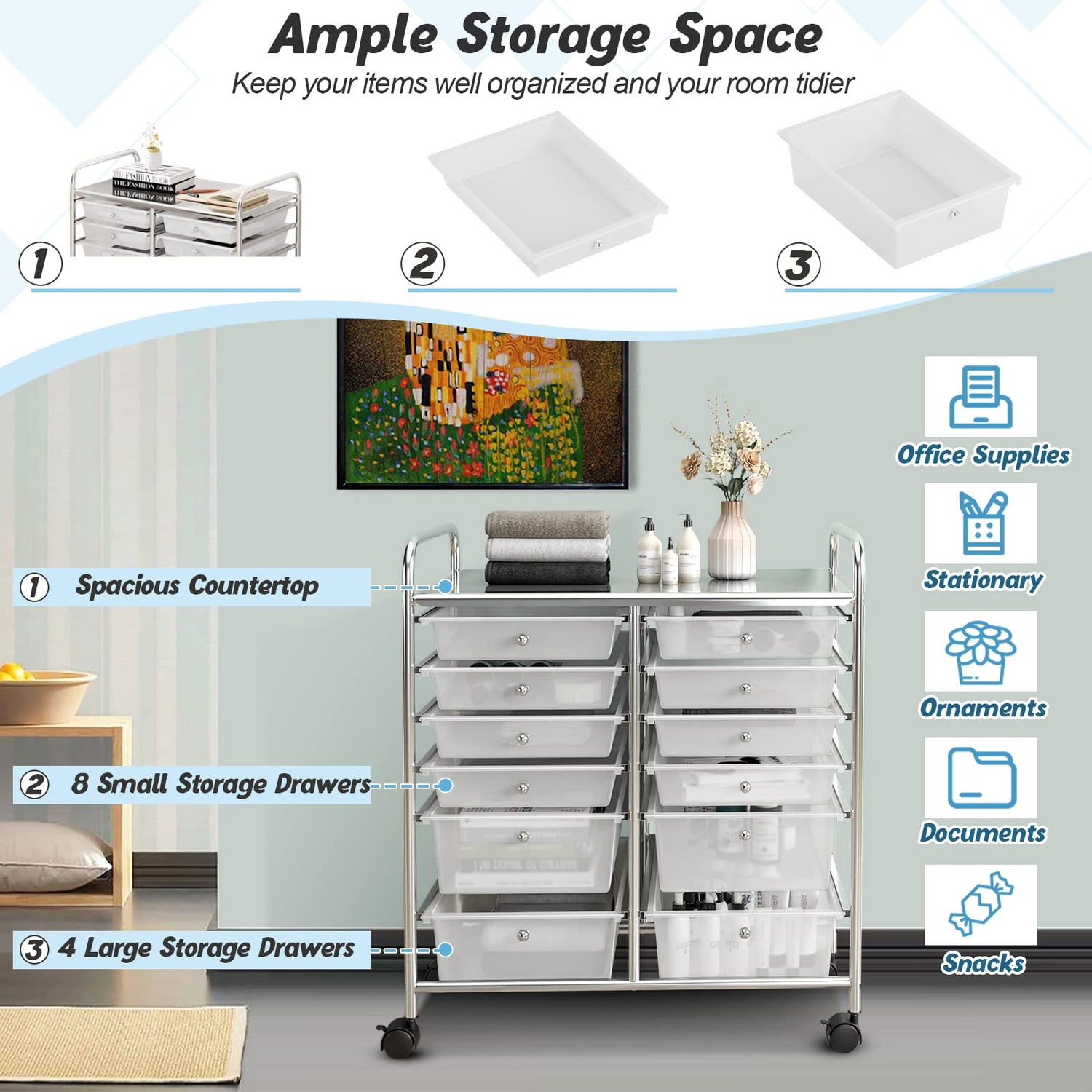 COSTWAY 12-Drawer Rolling Storage Cart, Moveable Art Craft Organizer W/Lockable Wheels, Metal Shelf, Files Arrangement Tools Makeup Storage Cart for COSTWAY