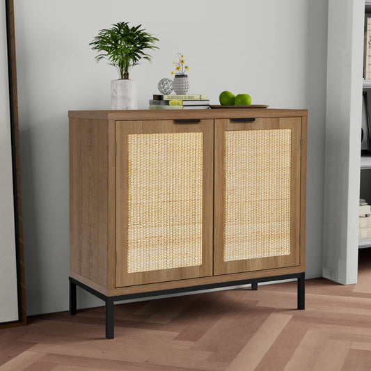 Anmytek Rustic Oak Accent Storage Cabinet with 2 Rattan Doors, Mid Century Natural Wood Sideboard Furniture for Living Room H0045 - WoodArtSupply