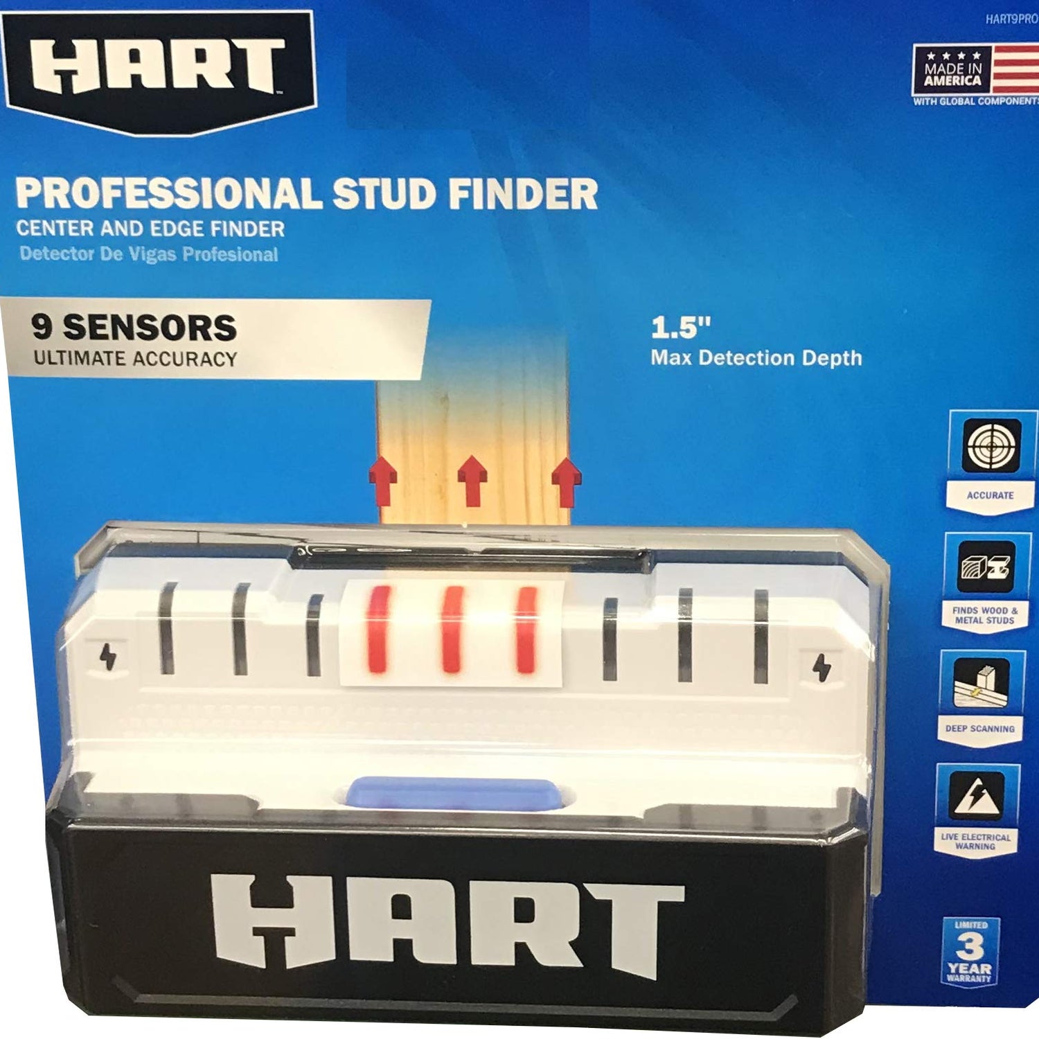 HART PROFESSIONAL STUD FINDER | CENTER & EDGE FINDER | 5" LED DISPLAY • 9-SENSORS • 1.5" DETECTION DEPTH | WOOD & METAL STUDS Hart