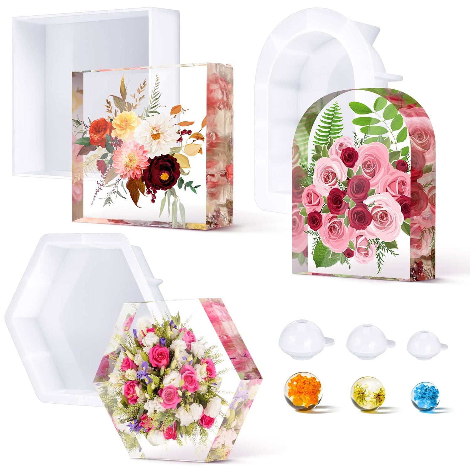 Potchen 3 Pcs Large Silicone Molds for Resin Glossy Deep Square Molds Hexagon Silicone Molds Bookends Resin Mold with 3 Pcs Round Epoxy Resin Molds Potchen