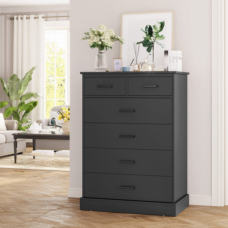 Hasuit Black Dresser for Bedroom, 6 Drawers Dresser Wood Storage Tower Clothes Organizer, Chest of 6 Drawers, Large Capacity Storage Cabinet, Tall Hasuit
