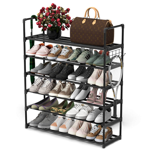 Hsscblet 6 Tiers Metal Shoe Rack,Adjustable Shoe Shelf Storage Organizer with Hooks,Stackable Boot & Shoe Storage,for Entryway,Hallway,Closet,Black - WoodArtSupply