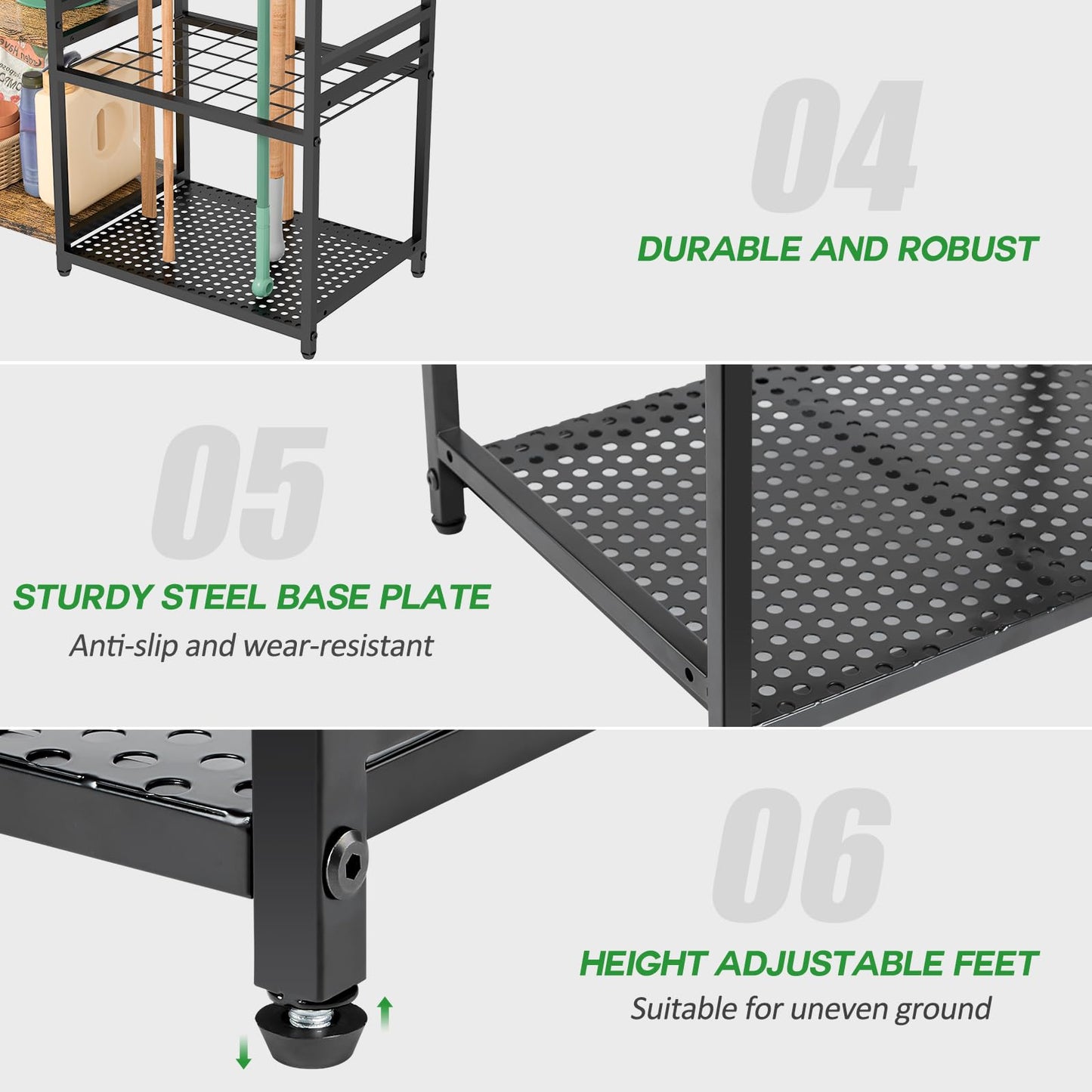 DAOUTIME Garage Tool Organizer with 2-tier Wooden Shelves, Yard Tool Organizer for Garage with 6 Hooks, Heavy duty Steel Garden Tool Rack Holds up to - WoodArtSupply