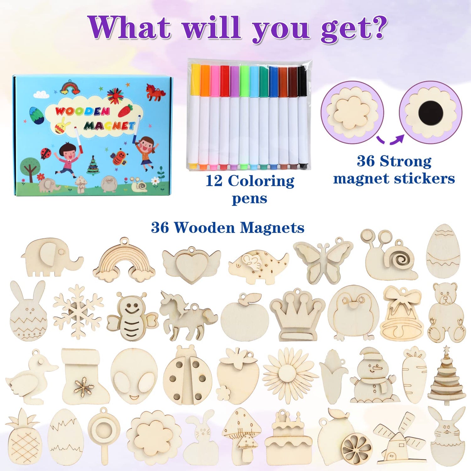 Worgree DIY Wooden Magnets, 36 pcs Wooden Art Craft Supplies Painting Kit for Kids Party Favors for Boys Girls Ages 4-8 8-12 Birthday Easter Crafts Worgree