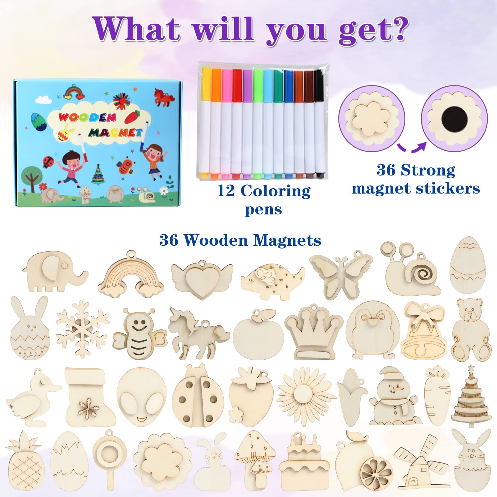 Worgree DIY Wooden Magnets, 36 pcs Wooden Art Craft Supplies Painting Kit for Kids Party Favors for Boys Girls Ages 4-8 8-12 Birthday Easter Crafts - WoodArtSupply