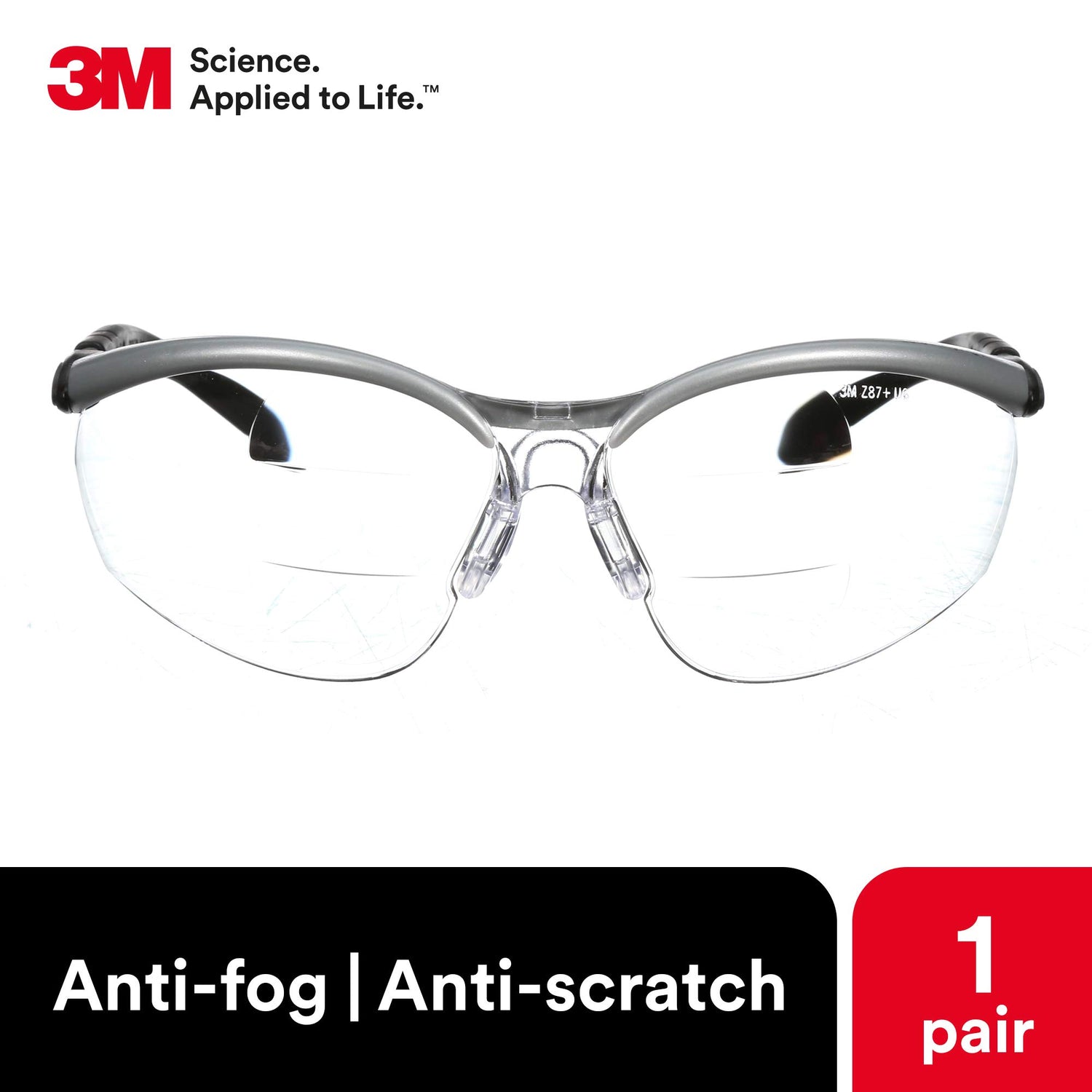 3M Safety Glasses, BX Dual Readers, +2.0, ANSI Z87, Anti-Fog Clear Lens, Silver/Black Frame, Adjustable Length Temples and Lens Angle 3M