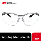 3M Safety Glasses, BX Dual Readers, +2.0, ANSI Z87, Anti-Fog Clear Lens, Silver/Black Frame, Adjustable Length Temples and Lens Angle 3M