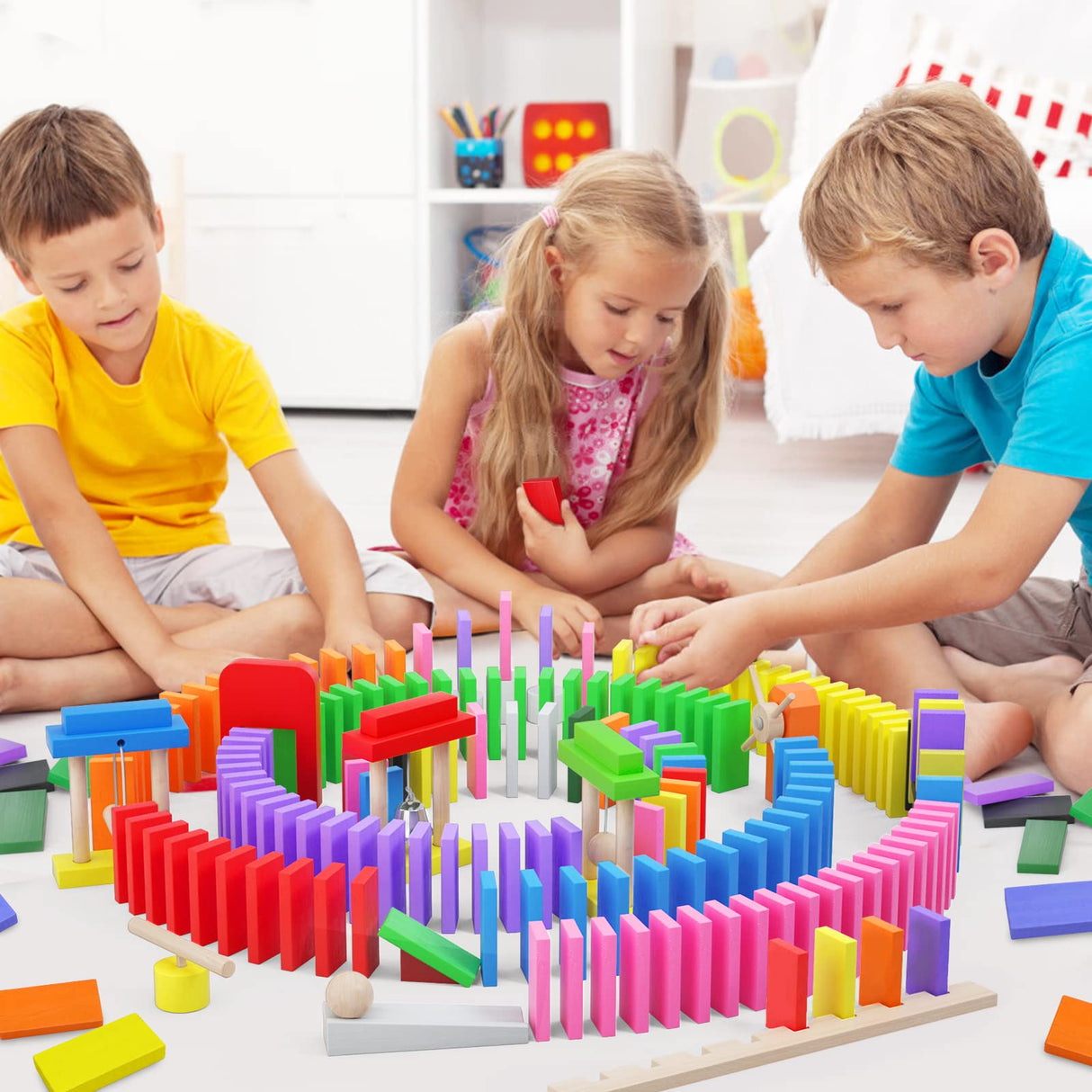 Large Dominoes for Kids, Wooden Dominos Set Include 200 PCS Colorful Domino Blocks, 11 Add-on Tricks and 1 Storage Bag, Bulk Building Dominoes, Tile PEBIRA