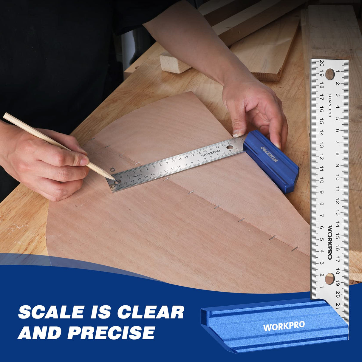 WORKPRO 8 Inch Try Square with Aluminum Handle - Woodworking Square Precision for Professional Carpentry Use & Premium Stainless Steel Ruler WORKPRO