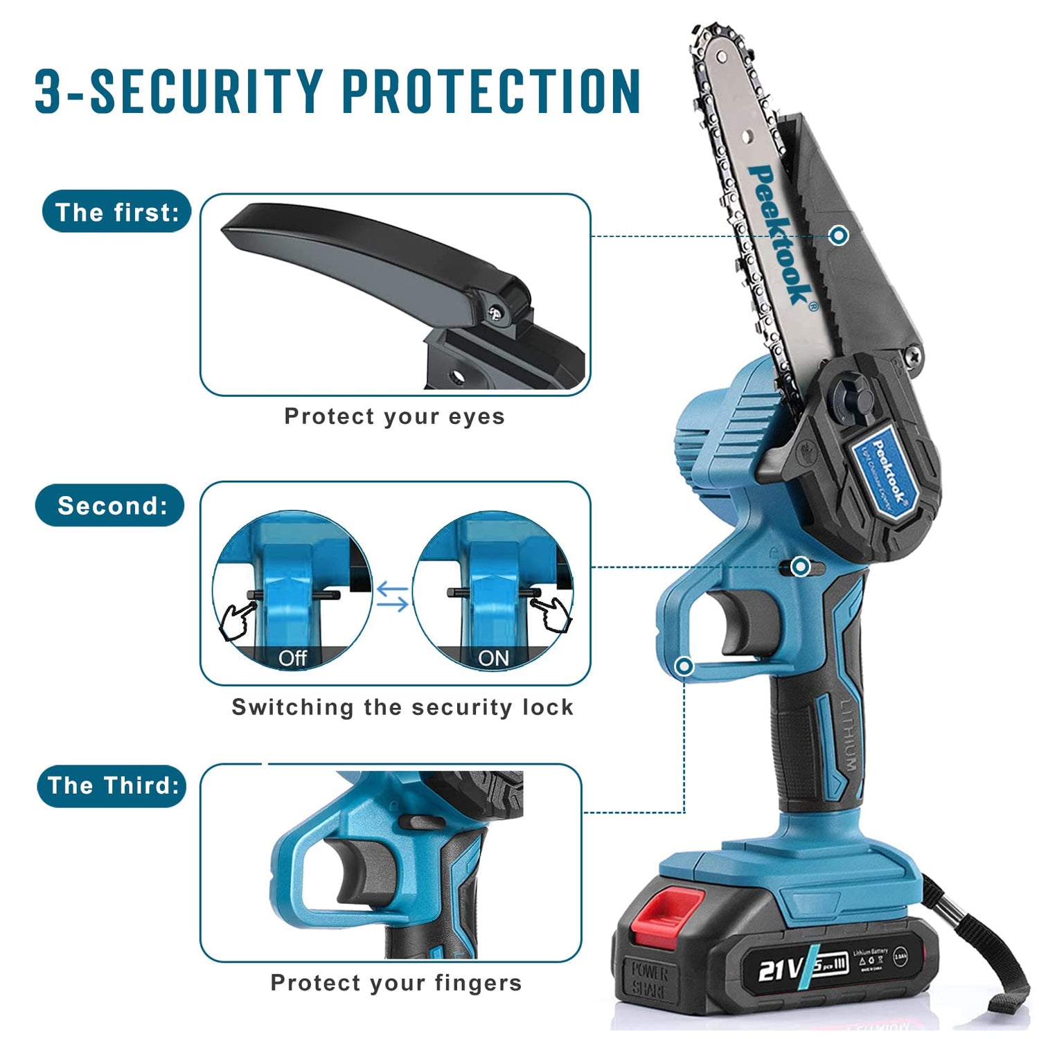 Peektook Mini 6-Inch Electric Cordless Chain saw with 2 Large Capacity Battery & 2 Chains, Light Weight Battery with Safety Lock and Strong Motor for Peektook