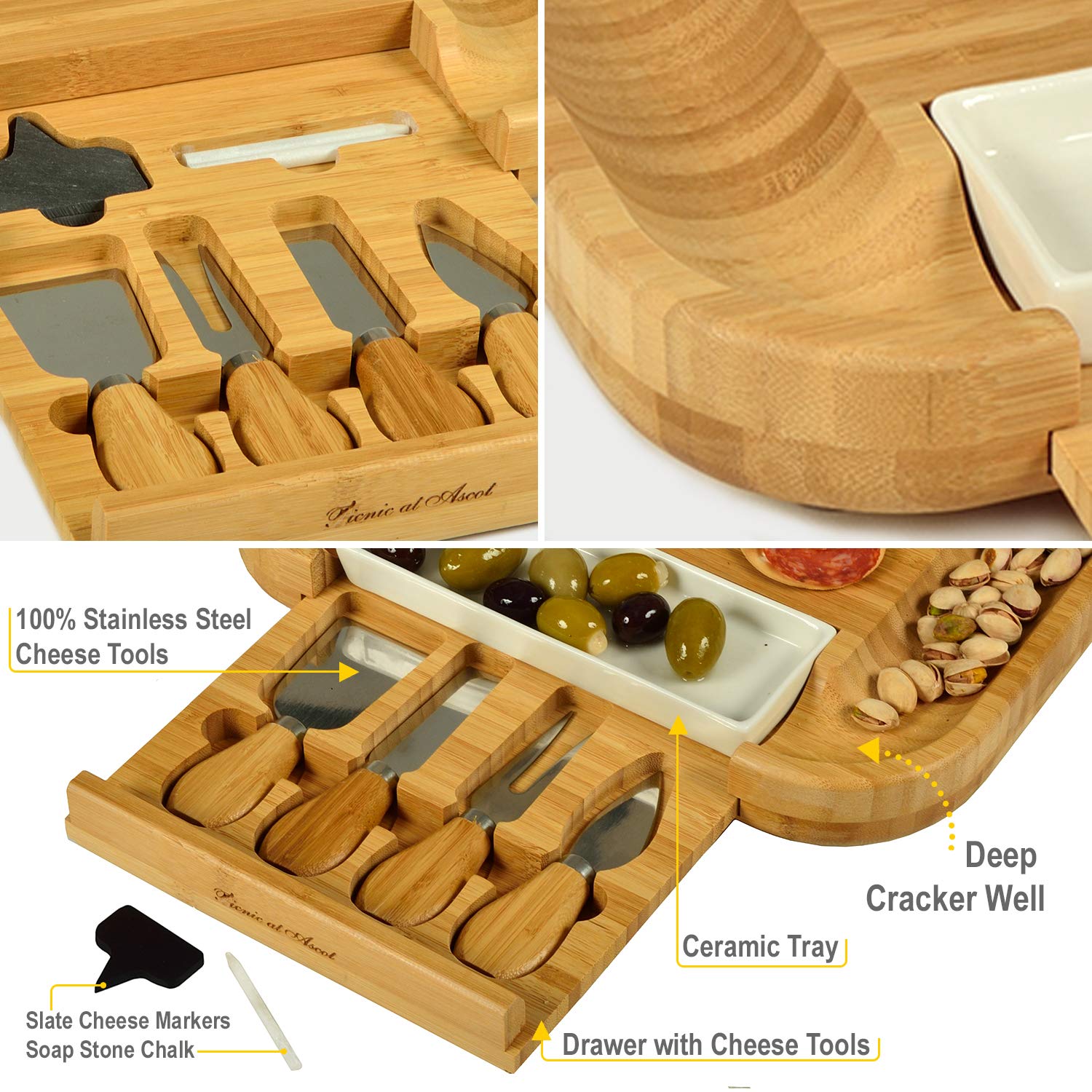 Custom Personalized Engraved Bamboo Cutting Board for Cheese & Charcuterie with Ceramic Dish, Knife Set & Cheese Markers -by Picnic at Ascot USA - WoodArtSupply