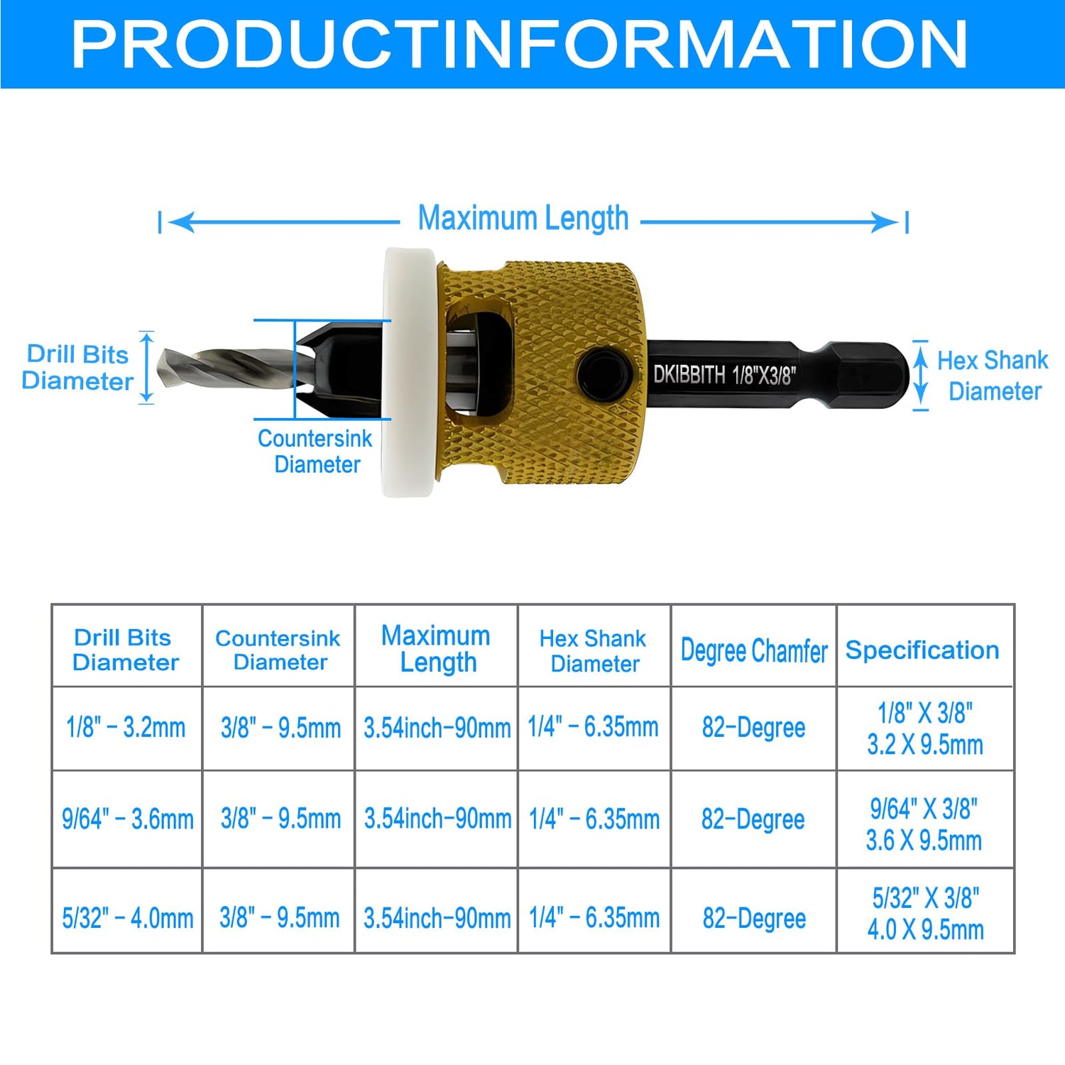 3 Pcs Countersink Drill Bit Set, HSS M2 Tapered Bits #10#12#14-1/8" 9/64" 5/32" Drill, 3/8” 82° Counter-Bore, 1/4” Hex Shank, with Adjustable Depth - WoodArtSupply