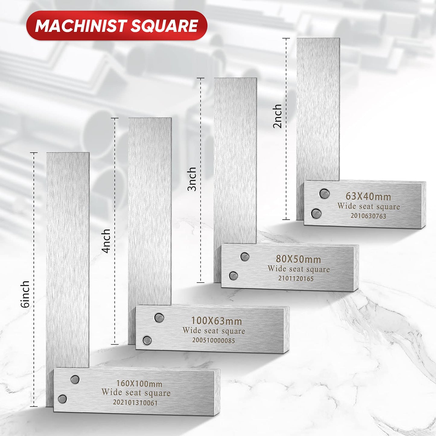 Machinist Square Set, 2, 3, 4 and 6 Squares Machinist Square Mechanical Engineer Steel Square High Precision 90 Degree Wide Base Square Tool L-type