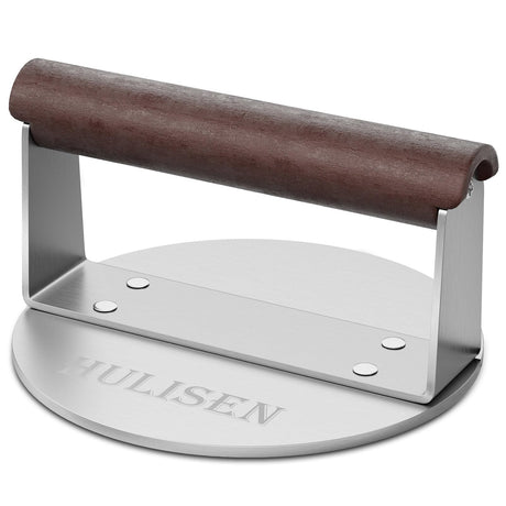 HULISEN Stainless Steel Burger Press, Heavy Weight Smashed Burger Press, Grill Press with Heat Resistant Wood Handle, 6 Inch Burger Smasher, BBQ HULISEN