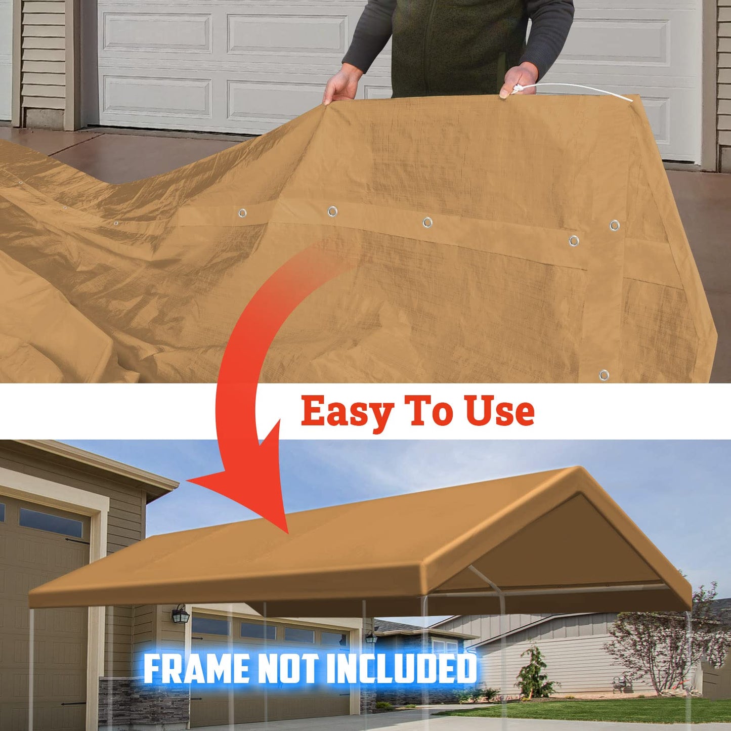 BenefitUSA 12'x20' Upgraded Carport Canopy Tent Garage Replacement Car Shelter Cover with Bungees,Frame is not Included (Tan) - WoodArtSupply