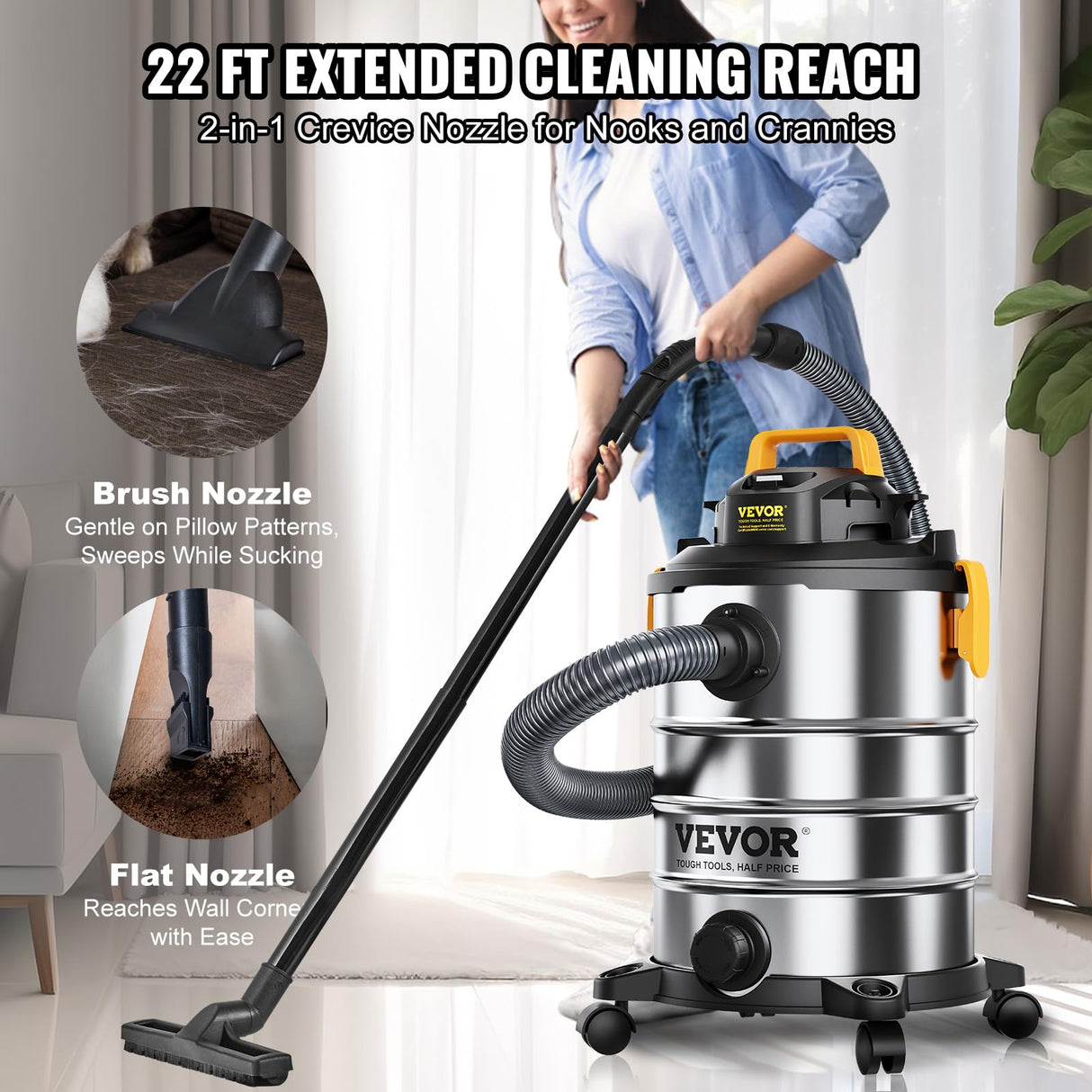 VEVOR Stainless Steel Wet Dry Shop Vacuum, 8 Gallon 6 Peak HP Wet/Dry Vac, Powerful Suction with Blower Function with Attachments 2-in-1 Crevice VEVOR