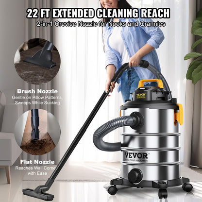  VEVOR Stainless Steel Wet Dry Shop Vacuum, 8 Gallon 6 Peak HP Wet/Dry  Vac, Powerful Suction with Blower Function with Attachments 2-in-1 Crevice  Nozzle, Small Shop Vac Perfect for Carpet Debris