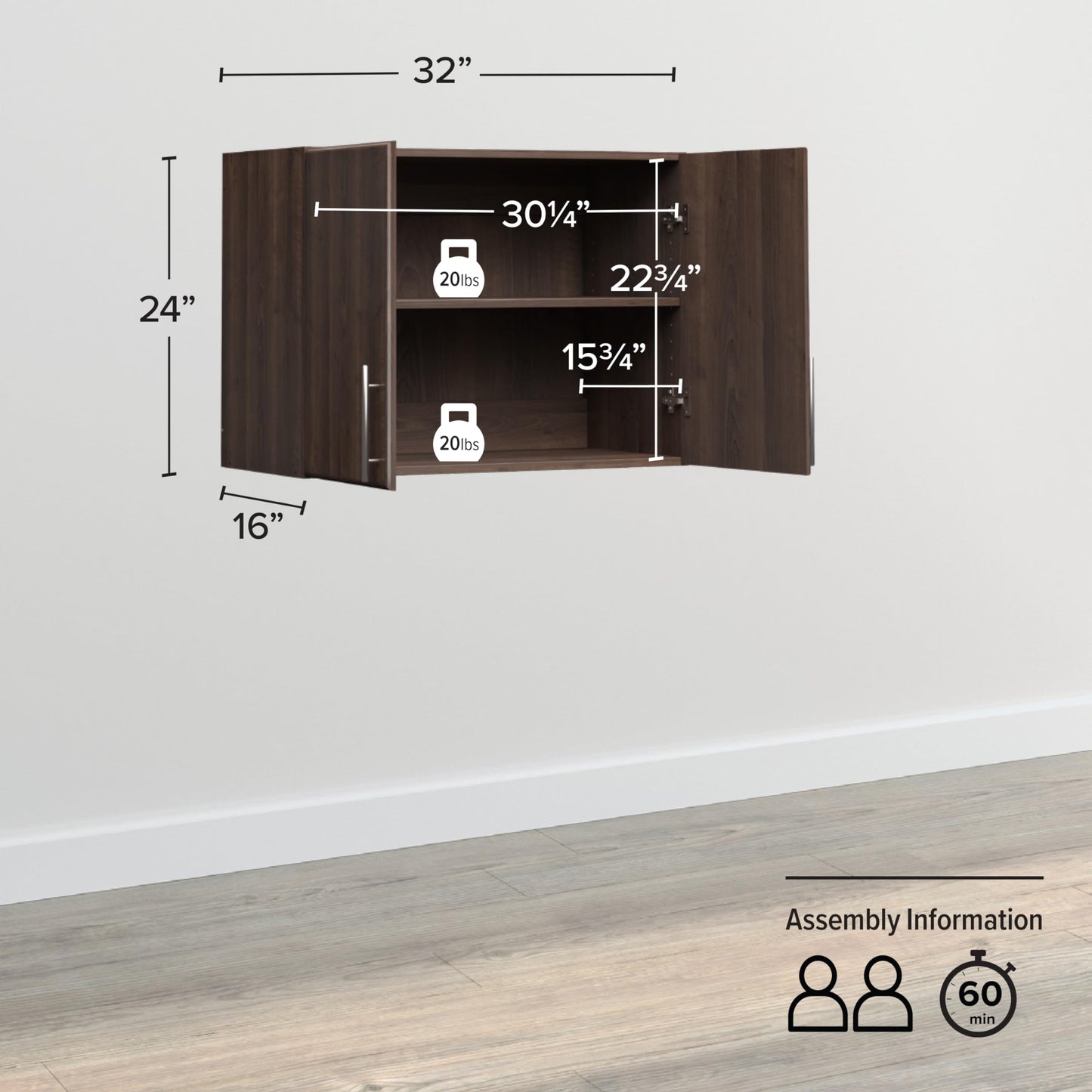 Prepac Brown Cabinet: Elite Wall Cabinet, EEW-3224 Garage Cabinet with Storage Shelf, Stackable 16"D x 32"W x 24"H, Perfect as a Garage Storage