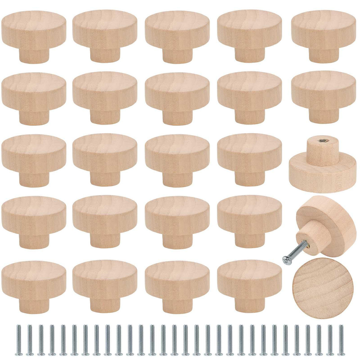 FoDau770 30pcs Unfinished Wood Knobs, Flat Top Round Cabinet Knobs Vintage Drawer Knobs, Natural Wooden Cabinet Hardware for Furniture Drawer Dresser FoDau770