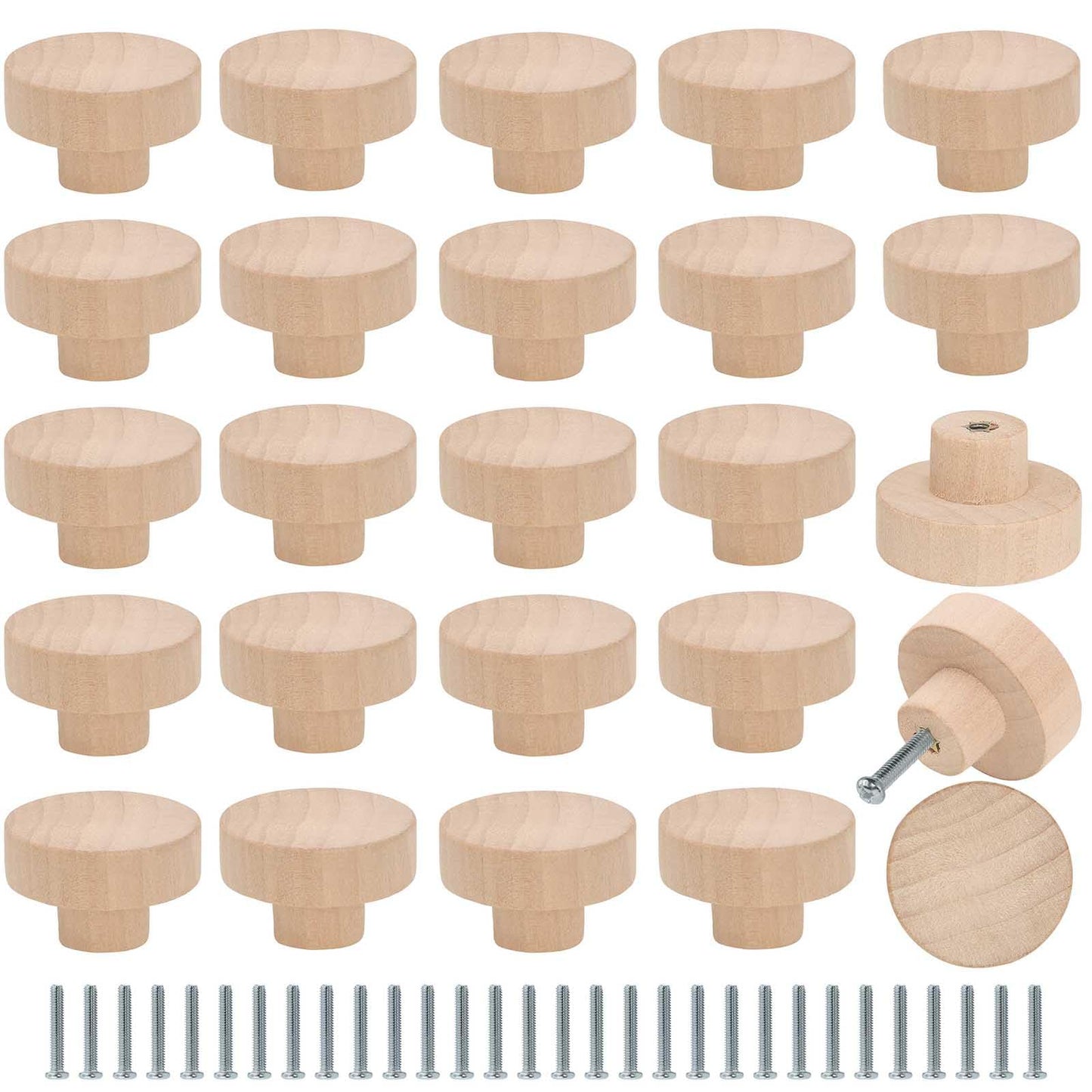 FoDau770 30pcs Unfinished Wood Knobs, Flat Top Round Cabinet Knobs Vintage Drawer Knobs, Natural Wooden Cabinet Hardware for Furniture Drawer Dresser - WoodArtSupply