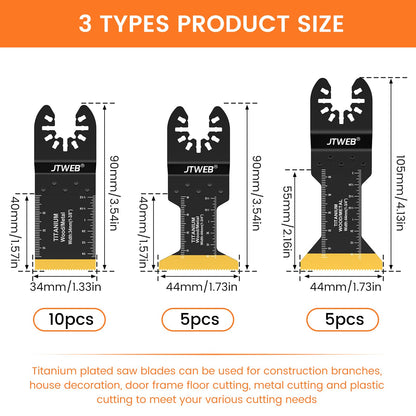 JTWEB 20PCS Titanium Oscillating Saw Blades Metal Cutting, Multitool Blades 3 Types Multi Tool Blades Kits Wood and Metal Nail Plastic Oscillating - WoodArtSupply