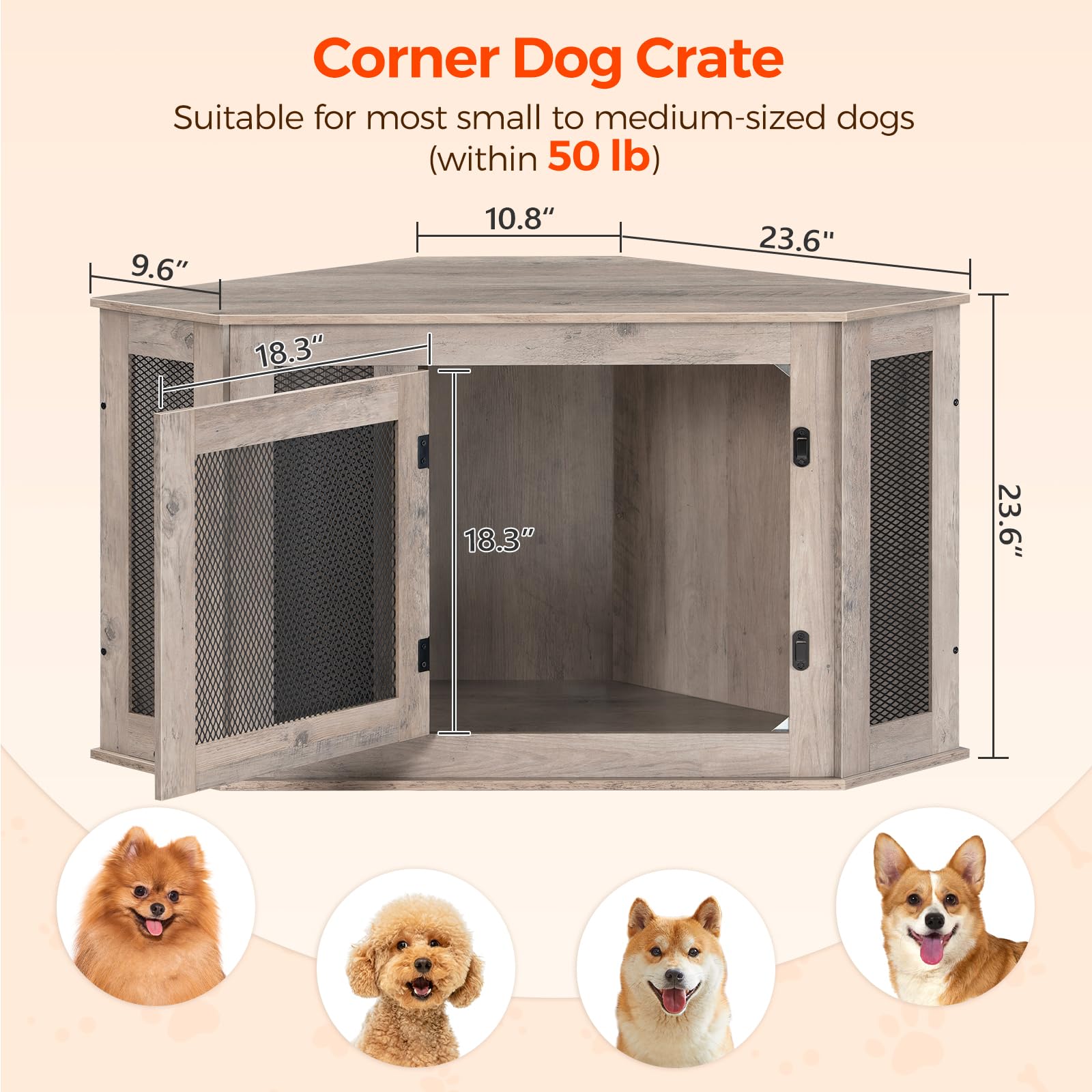 MAHANCRIS Corner Dog Crate Furniture, Wooden Dog Kennel End Table, Decorative Pet Crate Indoor Use, Furniture Style Dog House for Small Medium Dog, - WoodArtSupply