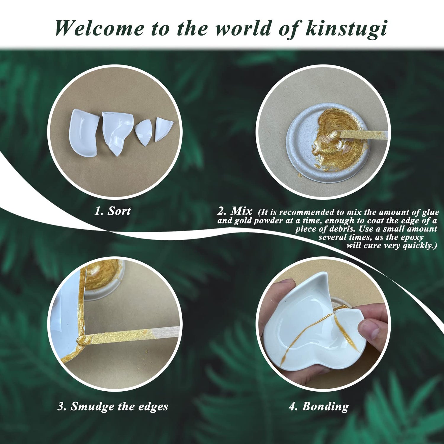 Kintsugi Repair Kit Gold, Japanese Kintsugi Kit to Improve Your Ceramic, Repair Your Meaningful Pottery with Gold Powder Glue, Perfect for Beginners 1DFAUL