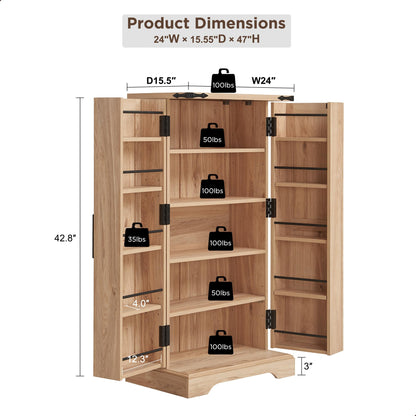 ACCOHOHO 47" Kitchen Pantry with Rattan Doors, Storage Cabinet with Organizer and Adjustable Shelves, Wood Cupboard for Kitchen, Dining Room, - WoodArtSupply