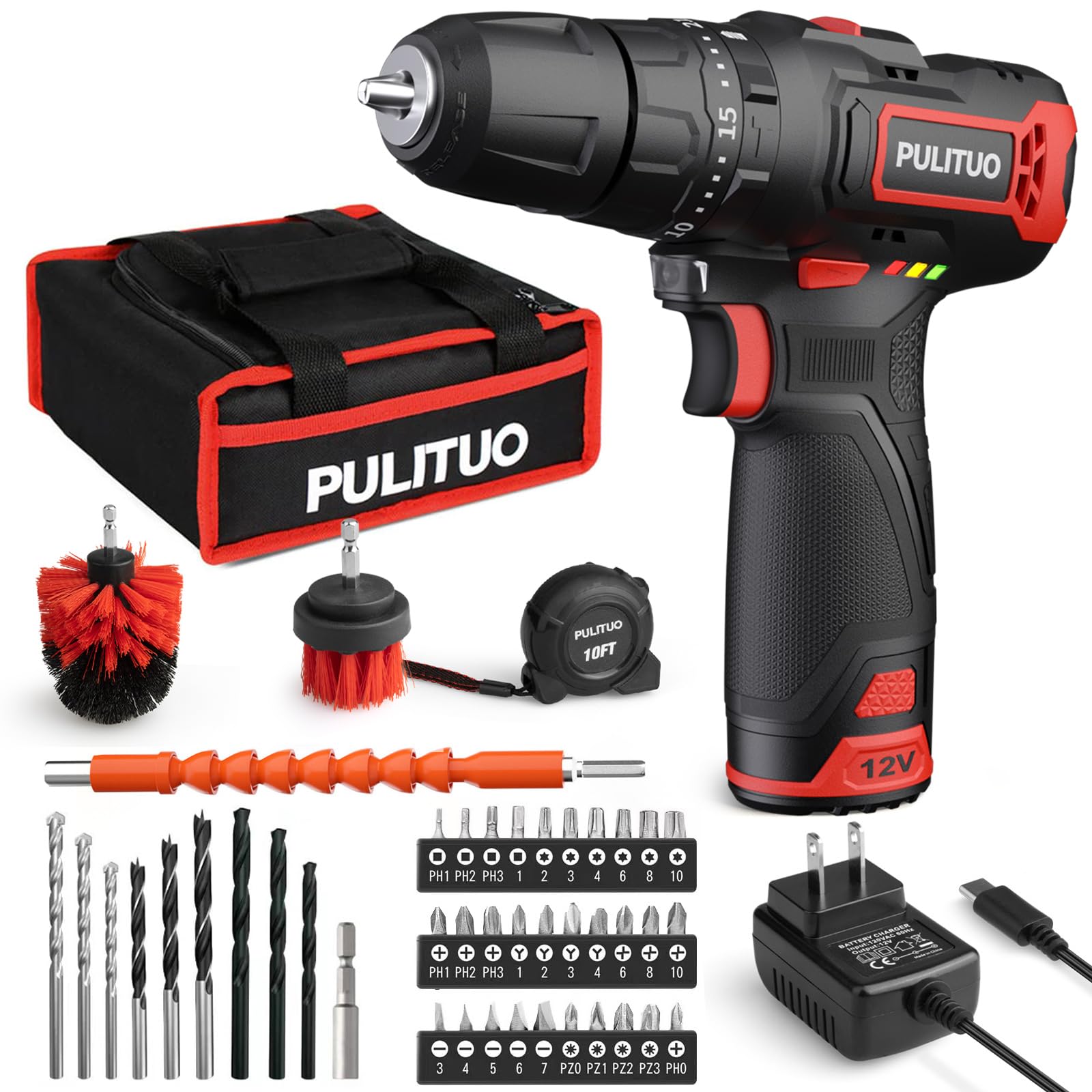 PULITUO Cordless Drill Driver Set, 12V Electric Power Hand Drill Torque 310In.lbs with 21+1& Impact Level Setting, 3/8” Keyless Chuck, 2 Variable - WoodArtSupply