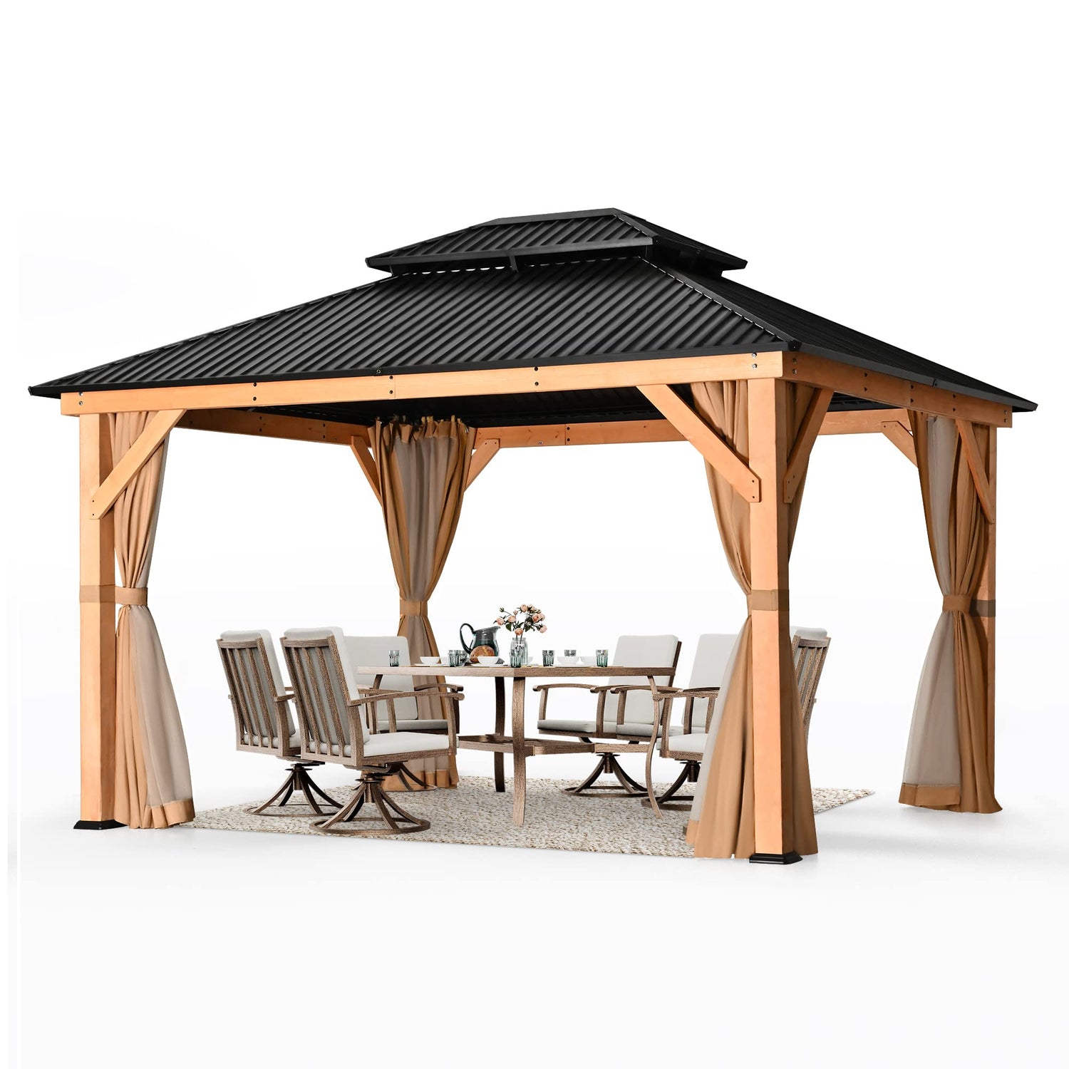 HAPPATIO 11' × 13' Wood Gazebo, Outdoor Hardtop Gazebo with Mosquito Netting and Curtains, Double Metal Roof Patio Gazebo Hard Top Gazebo for Garden, HAPPATIO